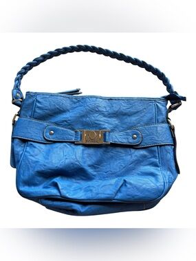 Rosetti Blue Faux Leather Shoulder Bag Braided Strap Large Organizer Purse